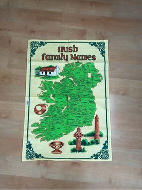 Vintage Irish Family Names Linen Tea Towel Ireland Map Shamrock Kitchen Decor